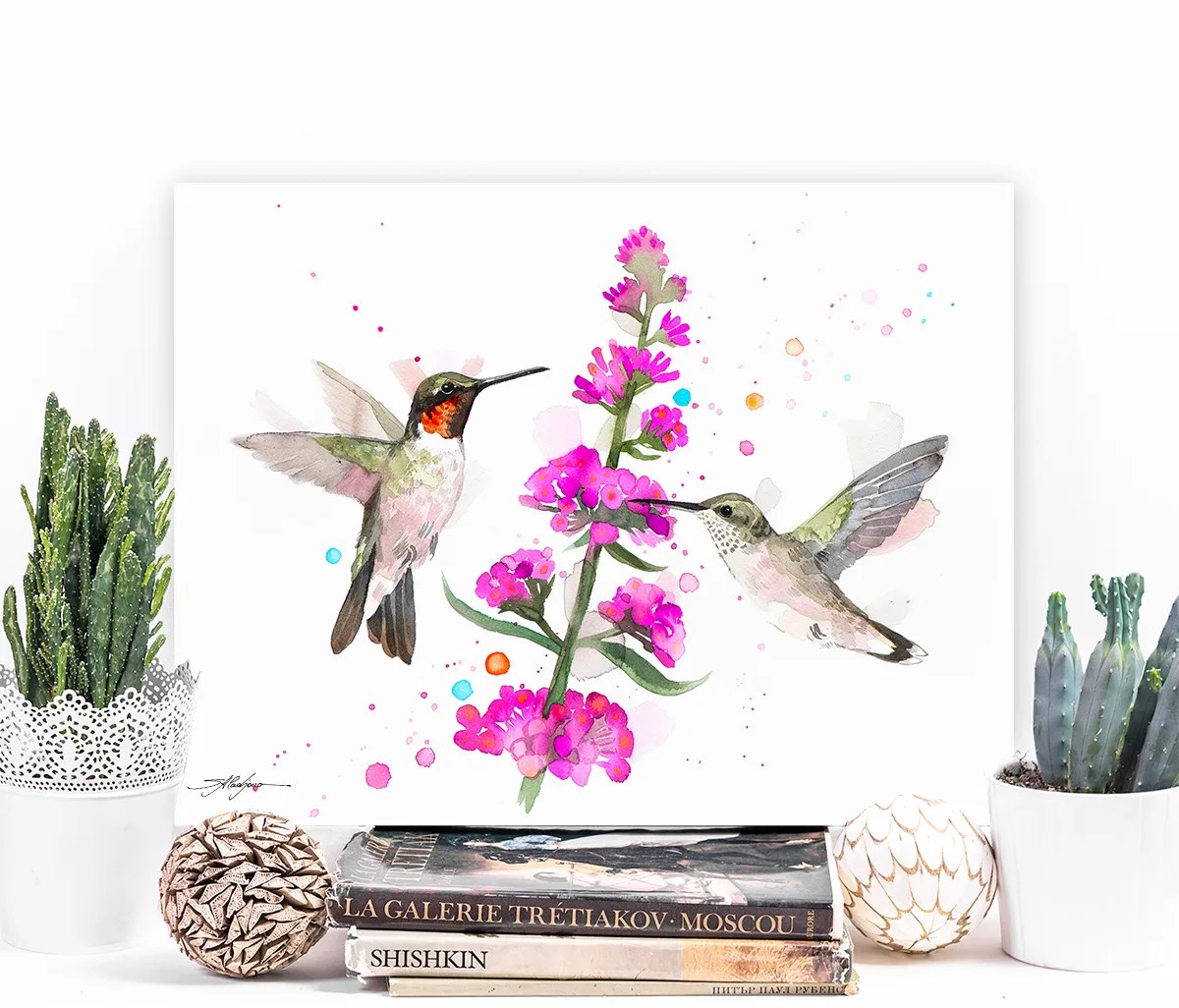 Ruby-Throated Hummingbirds watercolor painting print by Slaveika Aladjova