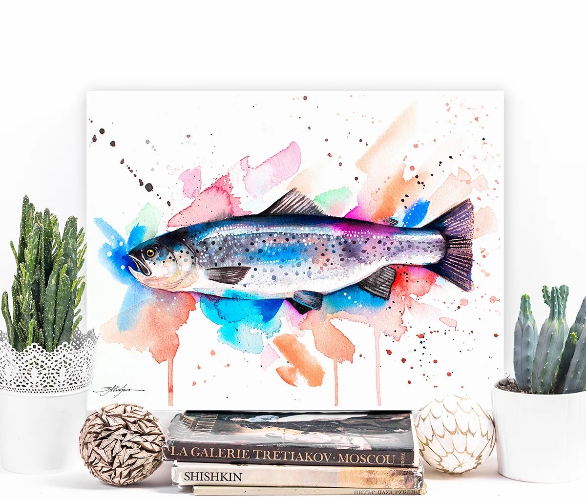 Atlantic salmon watercolor painting, limited edition art print by Slaveika Aladjova, view 3