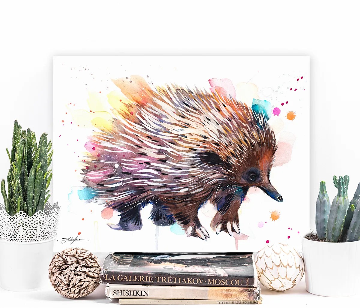 Echidna watercolor painting, limited edition art print by Slaveika Aladjova, view 3