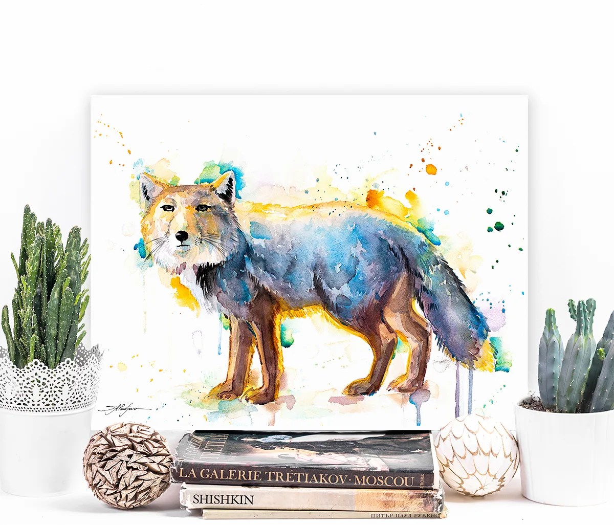 Tibetan fox watercolor painting, limited edition art print by Slaveika Aladjova, view 3
