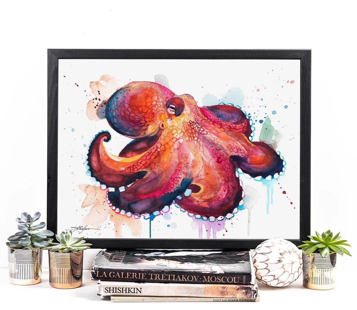 Coconut Octopus, Amphioctopus marginatus watercolor painting print by Slaveika Aladjova, art, animal, illustration, Sea art, sea life art