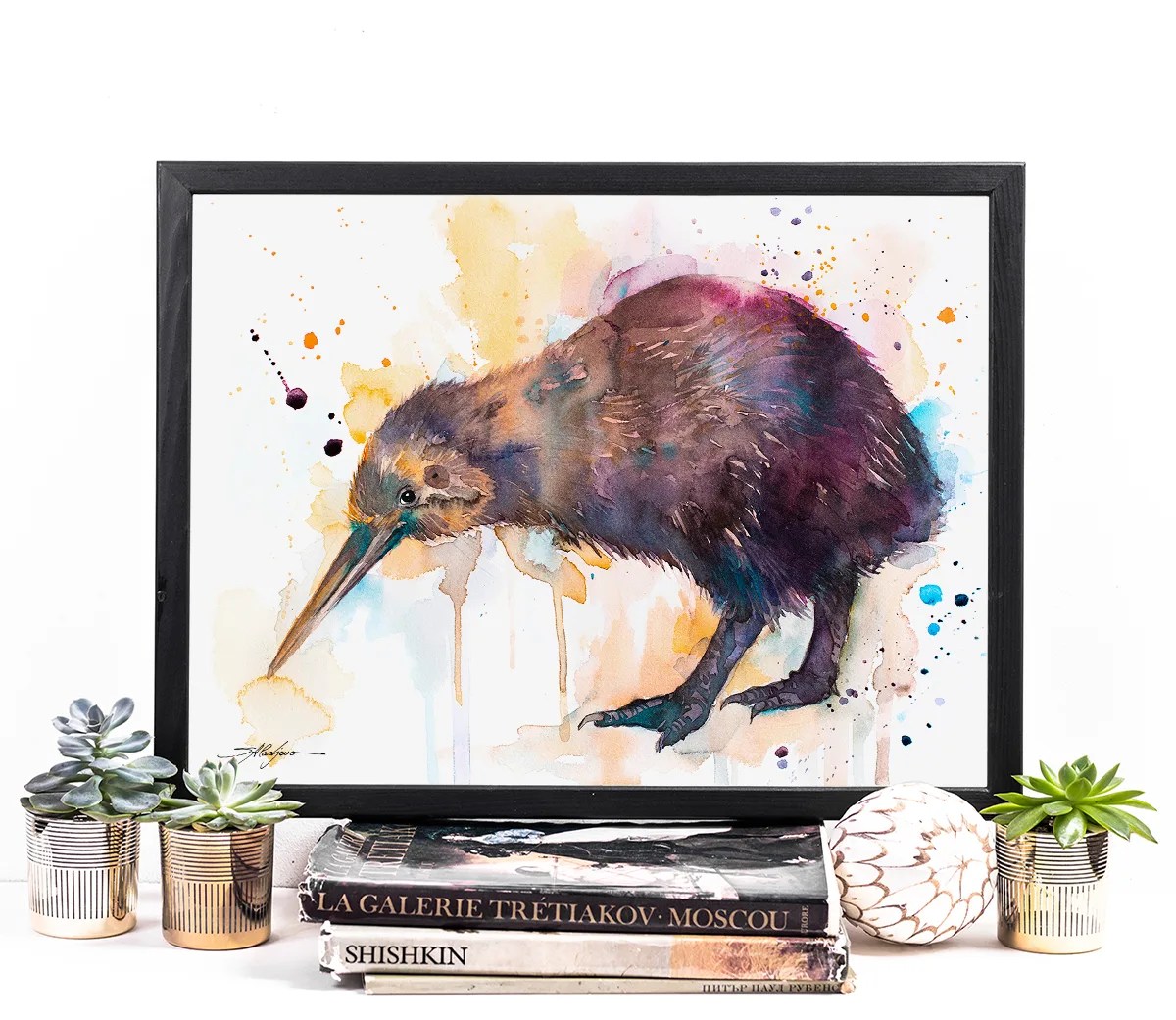 Kiwi watercolor painting print by Slaveika Aladjova, extra large canvas, art, animal, illustration, home decor, Wildlife, Contemporary,