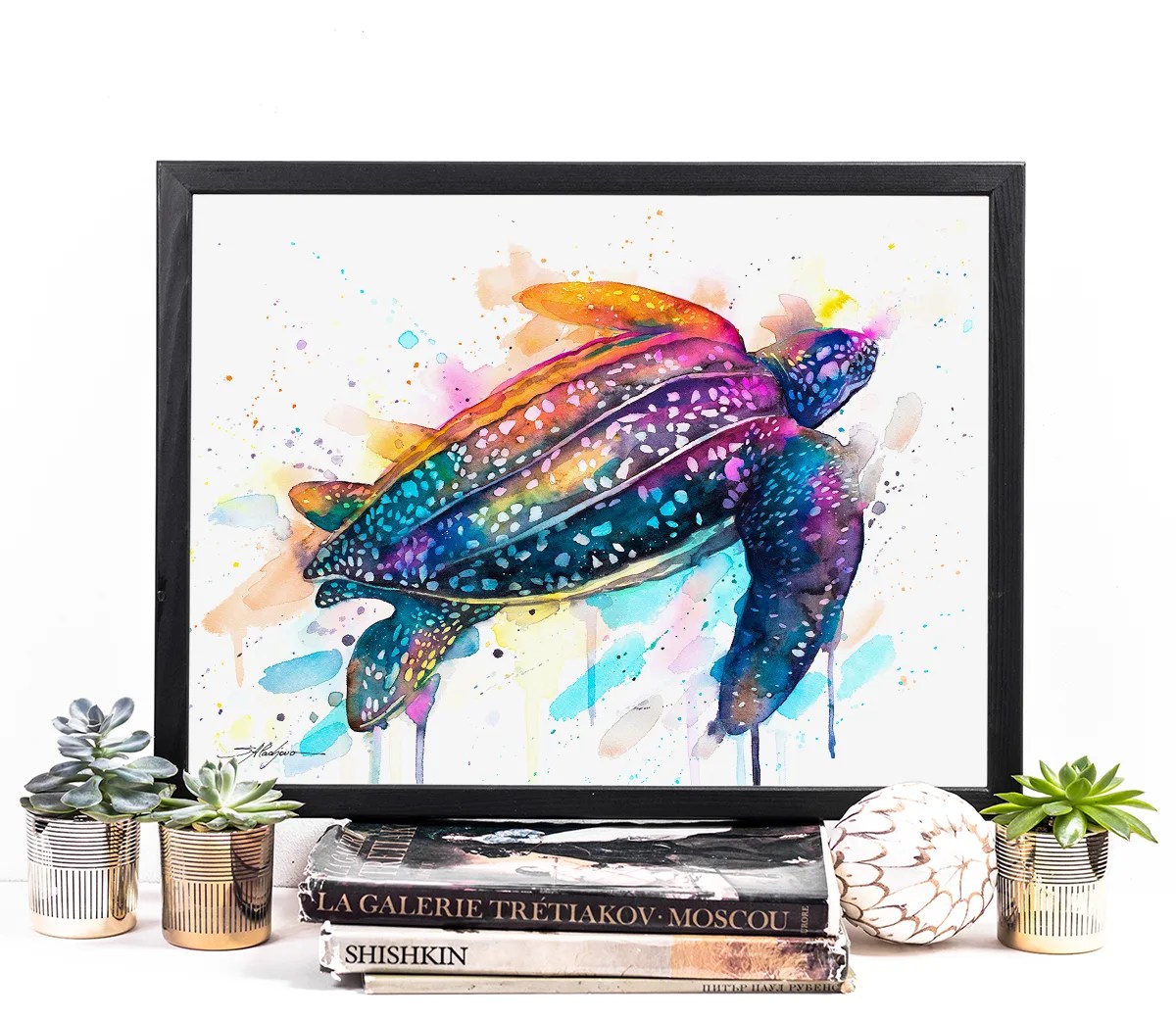 Leatherback sea turtle watercolor painting print by Slaveika Aladjova, art,animal, illustration, Sea art, sea life art, home decor, Wall art
