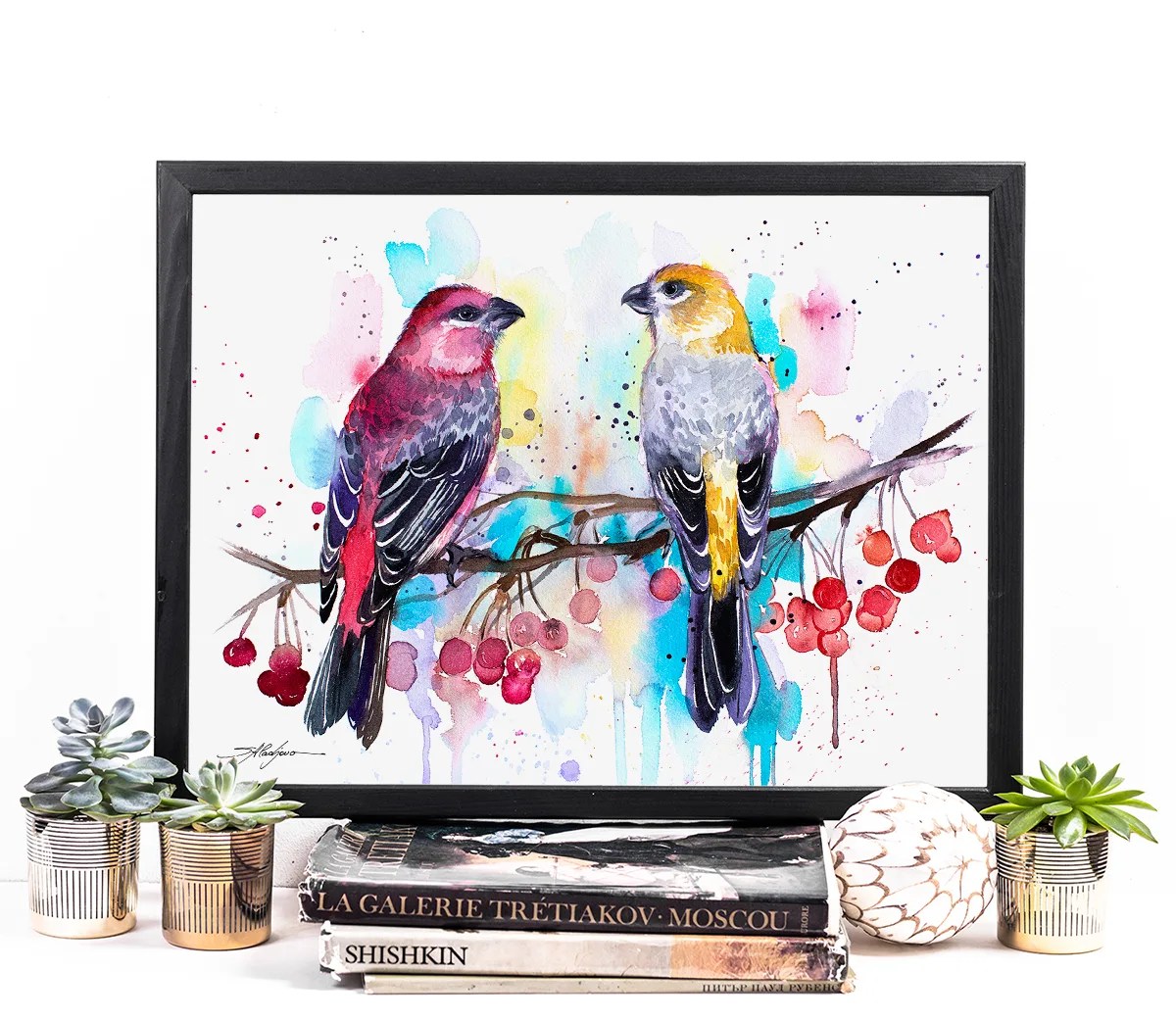 Pine Grosbeaks watercolor painting print by Slaveika Aladjova