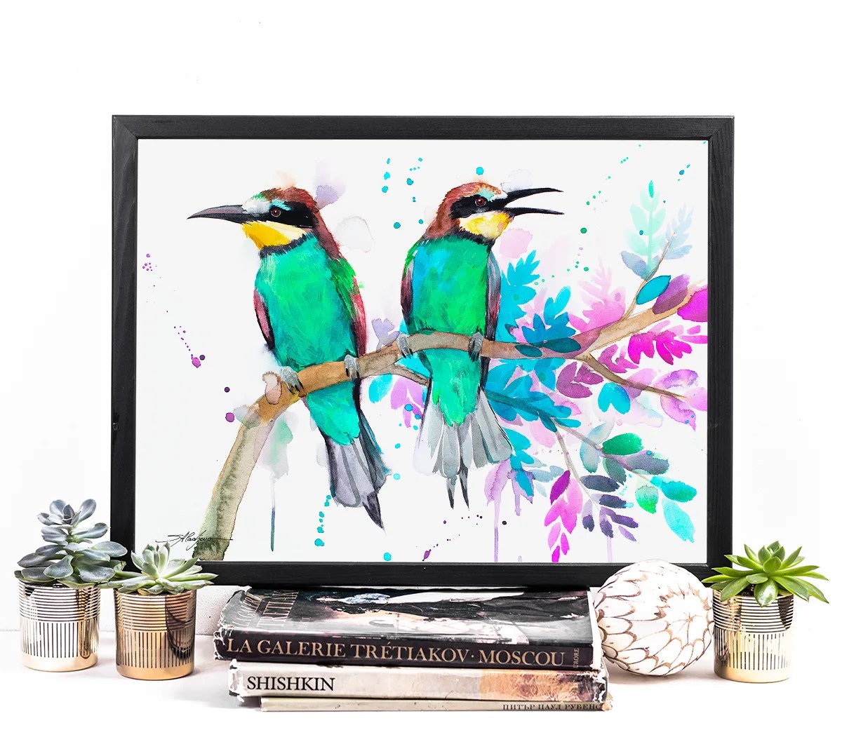 Bee-eater watercolor painting print by Slaveika Aladjova, art, animal, illustration, bird,