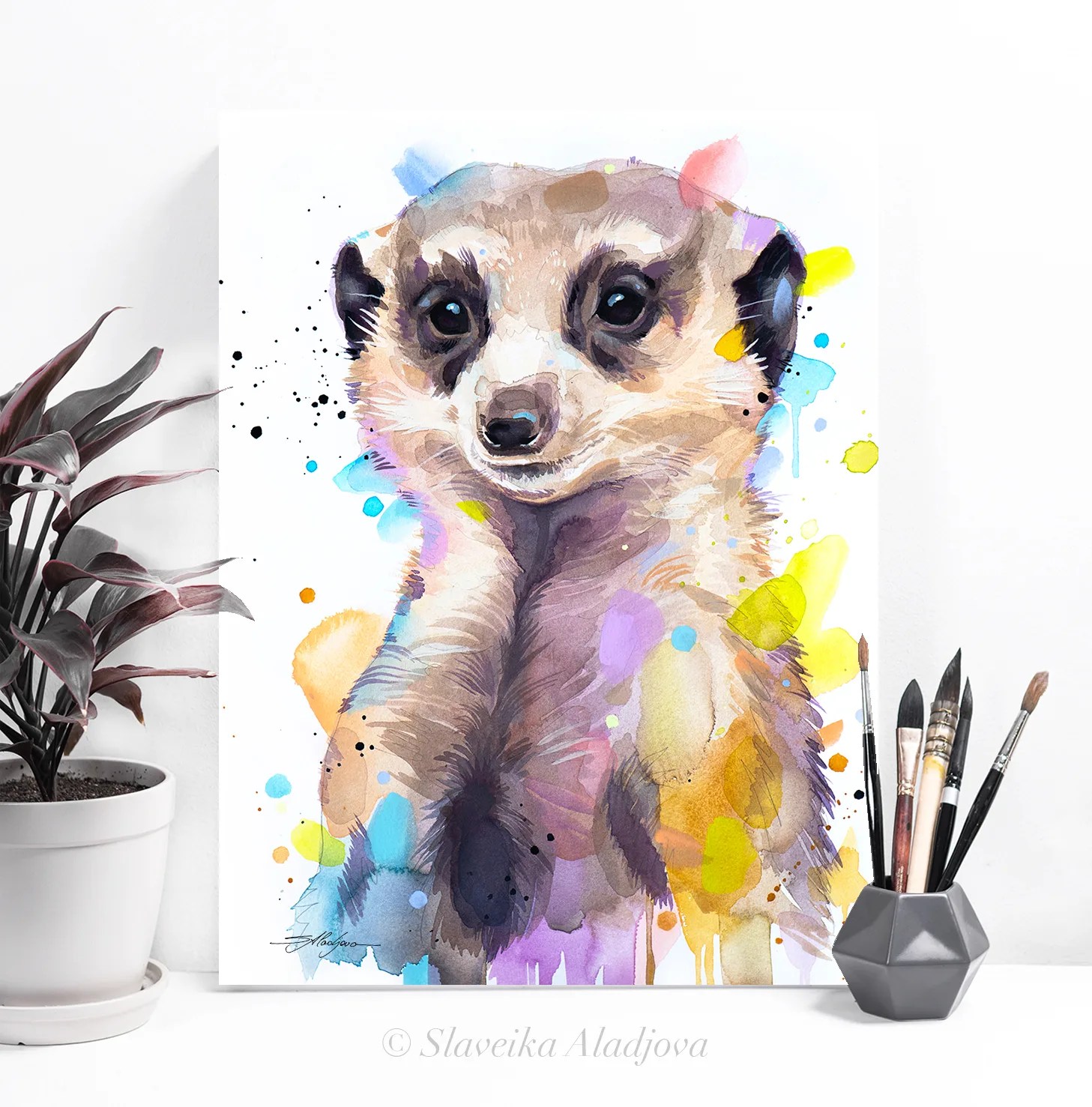 Meerkat watercolor painting, limited edition art print by Slaveika Aladjova, view 4