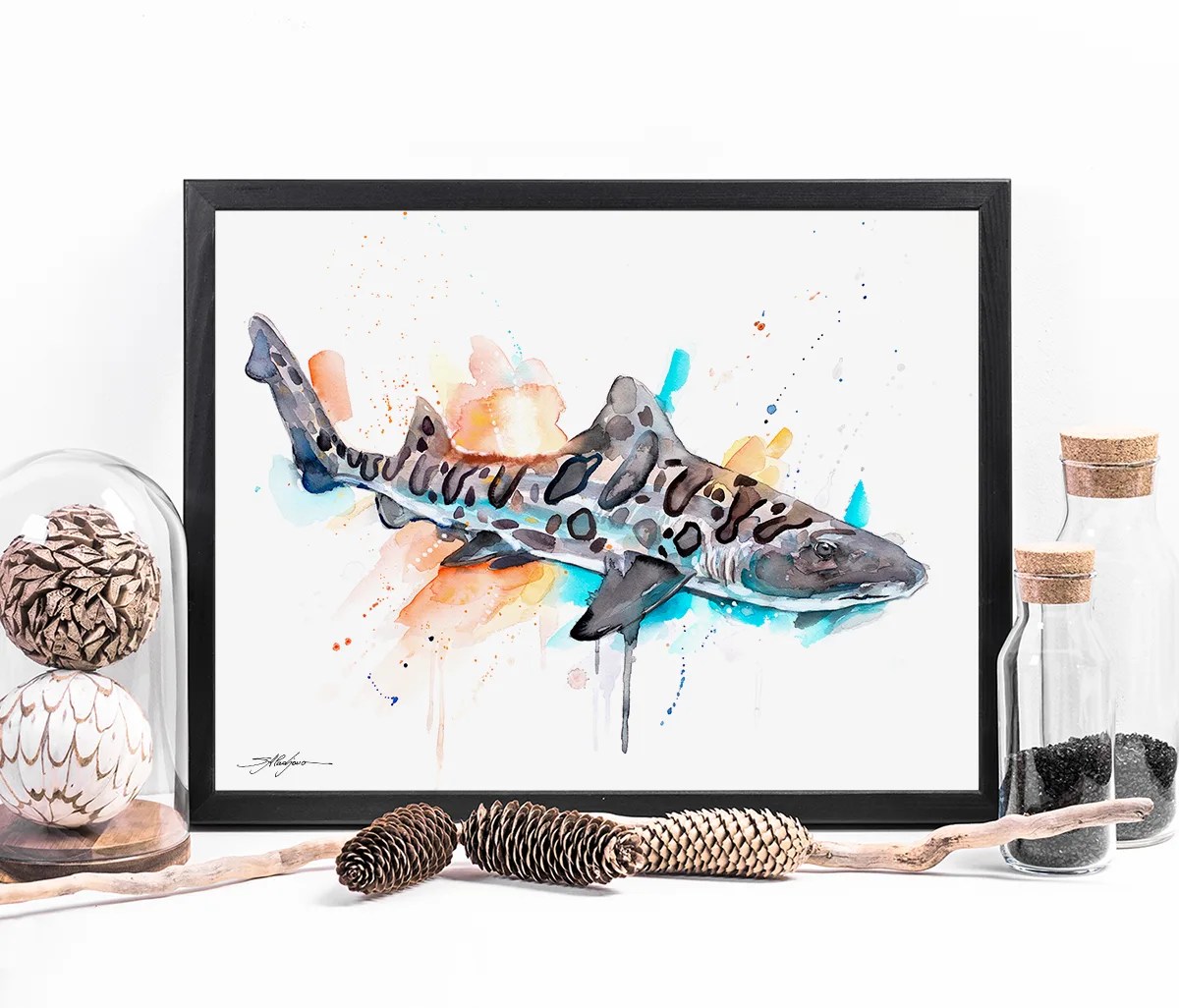 Leopard shark watercolor painting print by Slaveika Aladjova, art, animal, illustration, Sea art, sea life art, home decor, Wall art
