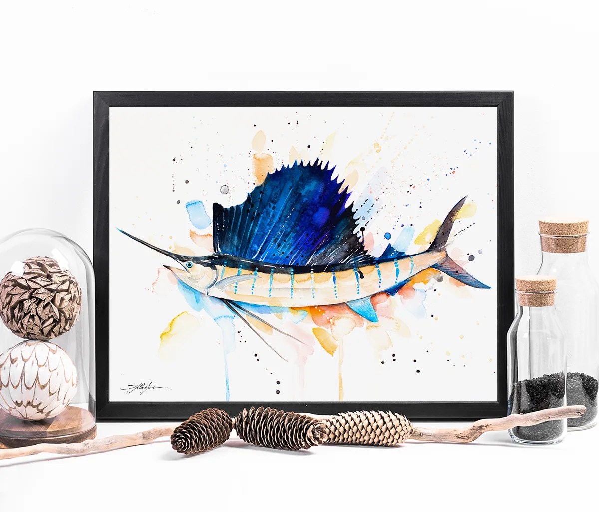 Atlantic sailfish watercolor painting print by Slaveika Aladjova, art, animal, illustration, Sea art, sea life art, home decor, Wall art