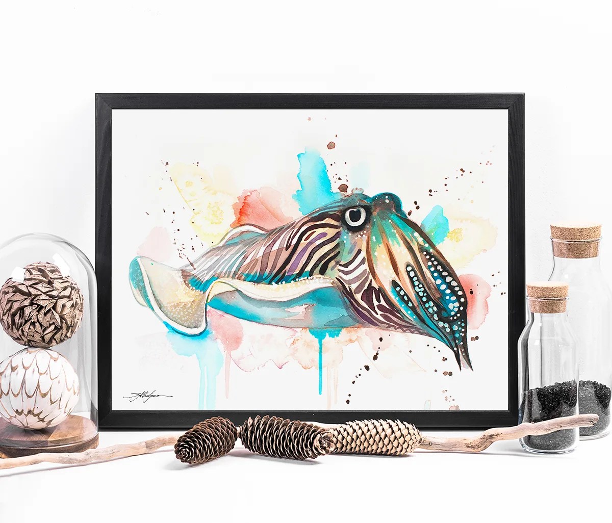 Common Cuttlefish watercolor painting print by Slaveika Aladjova, art, animal, illustration, Sea art, sea life art, home decor, Wall art