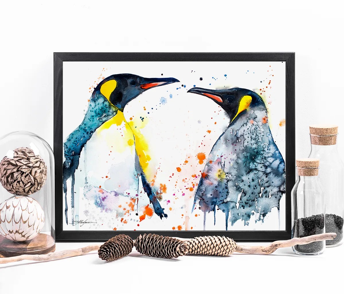 Two king penguins face to face, watercolor painting, limited edition art print by Slaveika Aladjova, view 4