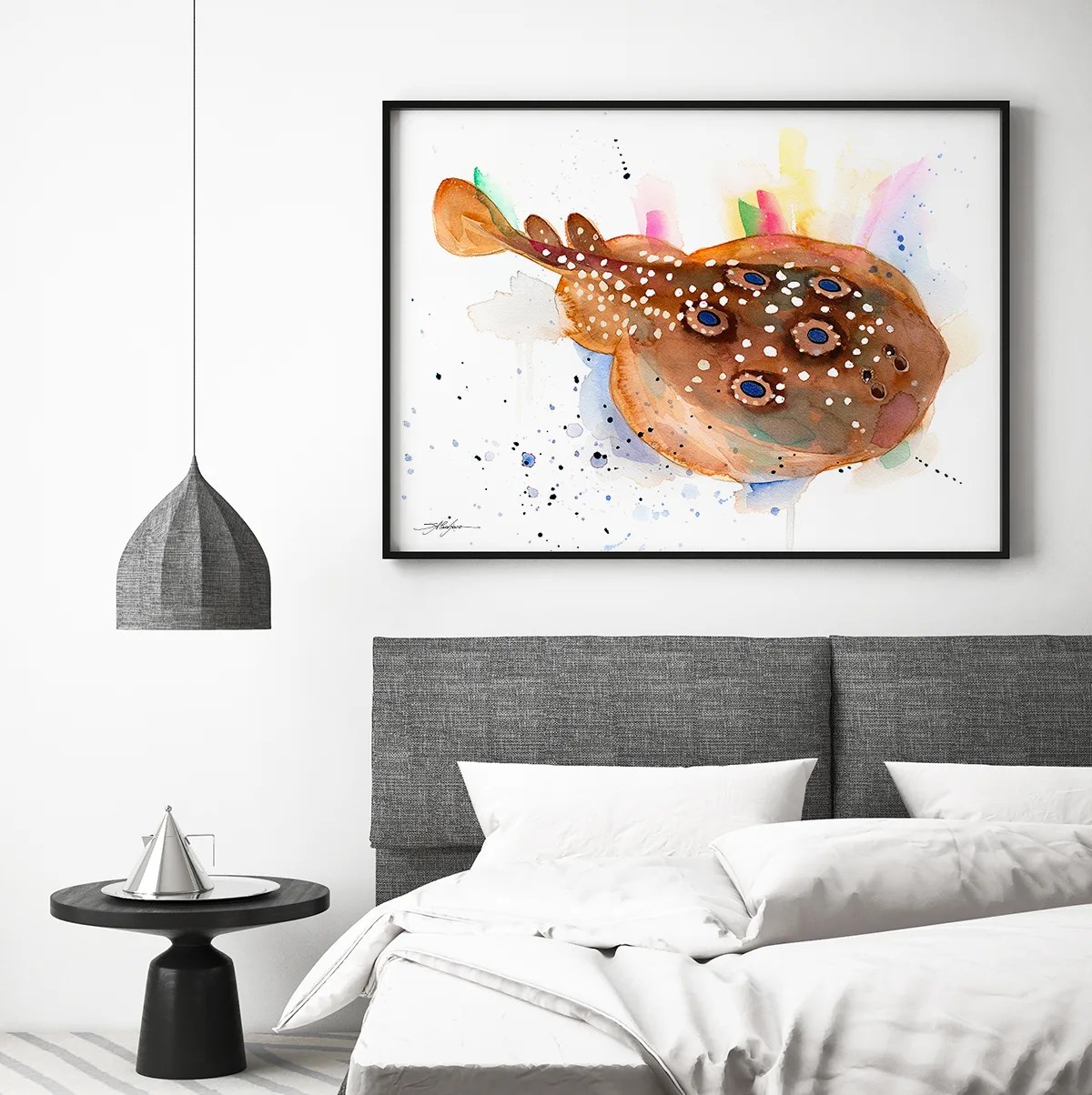 Common torpedo ray, Eyed electric ray watercolor painting print by Slaveika Aladjova, art, animal, illustration, Sea art, sea life art,