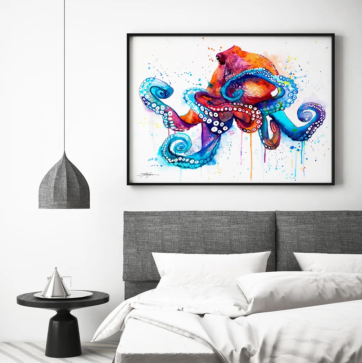 Octopus watercolor painting in reds and violets, limited edition art print by Slaveika Aladjova, view 3
