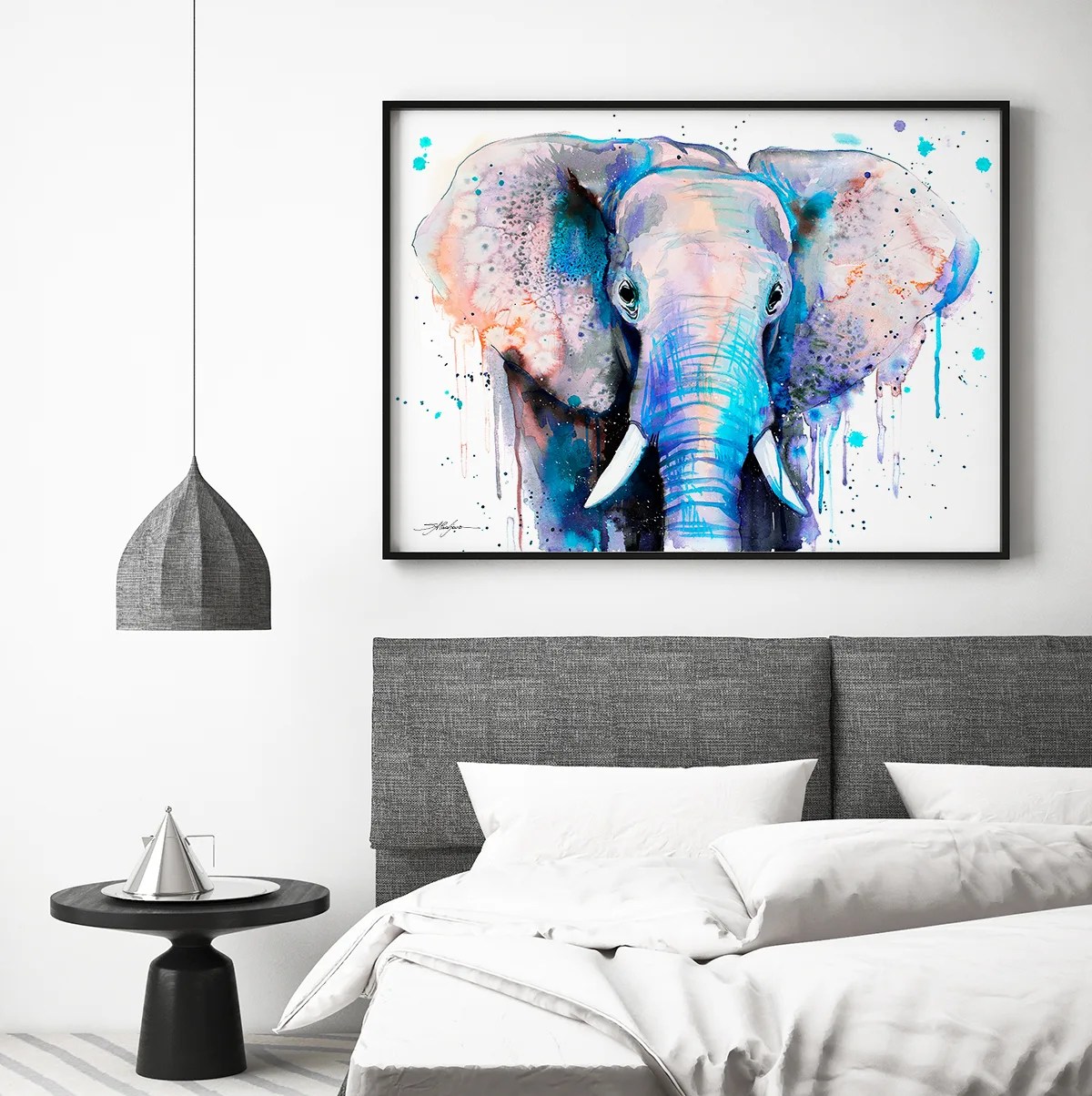 Blue elephant watercolor painting, limited edition art print by Slaveika Aladjova, view 3