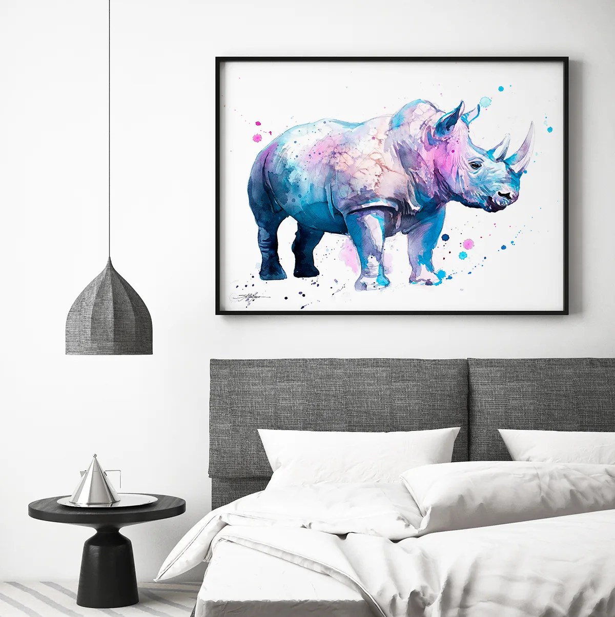Blue rhinoceros watercolor painting, limited edition art print by Slaveika Aladjova, view 3