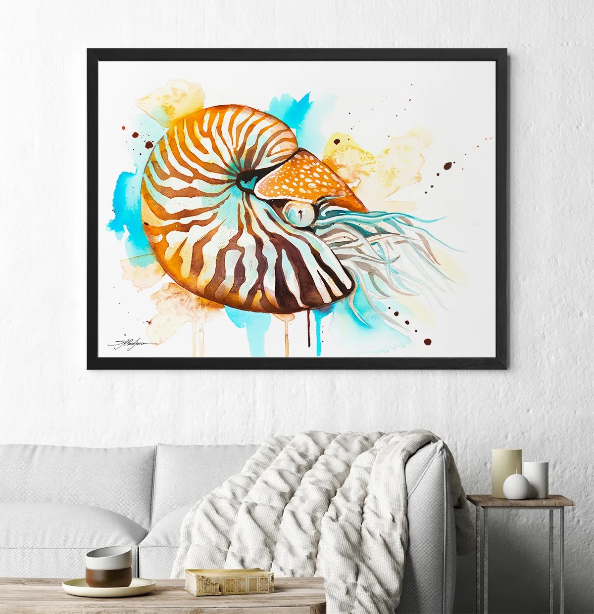 Chambered nautilus watercolor painting print by Slaveika Aladjova, art, animal, illustration, Sea art, sea life art, home decor, Wall art
