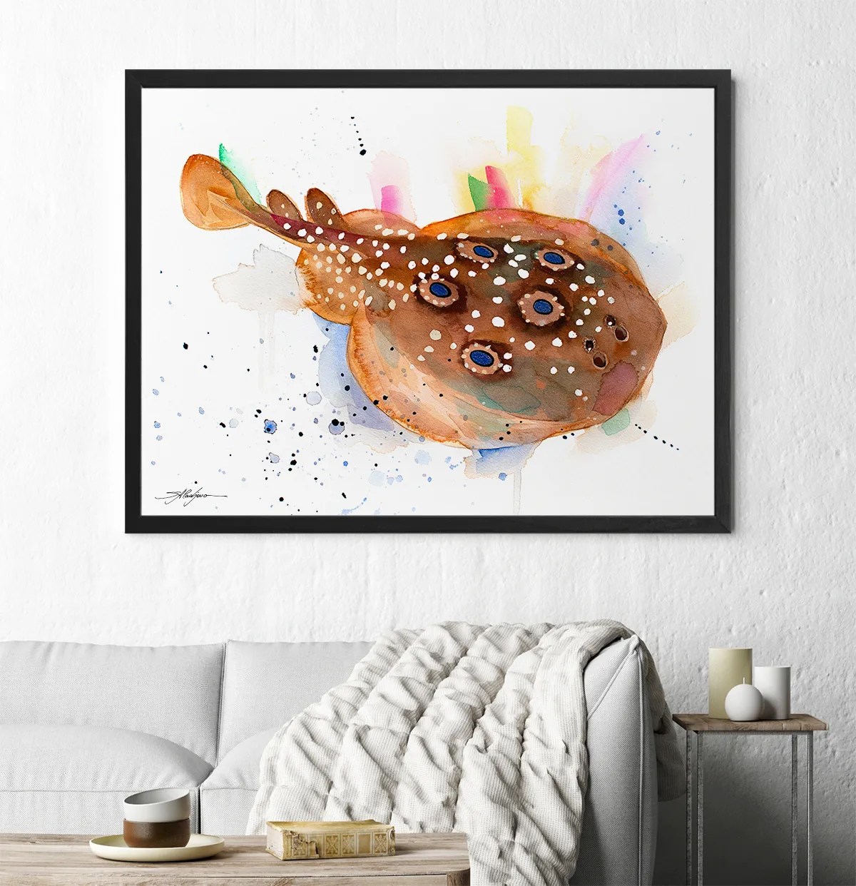 Common torpedo ray, Eyed electric ray watercolor painting print by Slaveika Aladjova, art, animal, illustration, Sea art, sea life art,