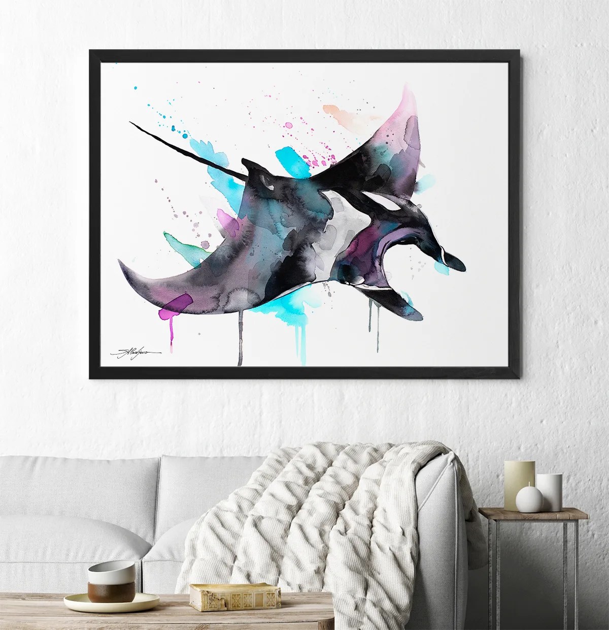 Giant manta ray watercolor painting, limited edition art print by Slaveika Aladjova, view 3