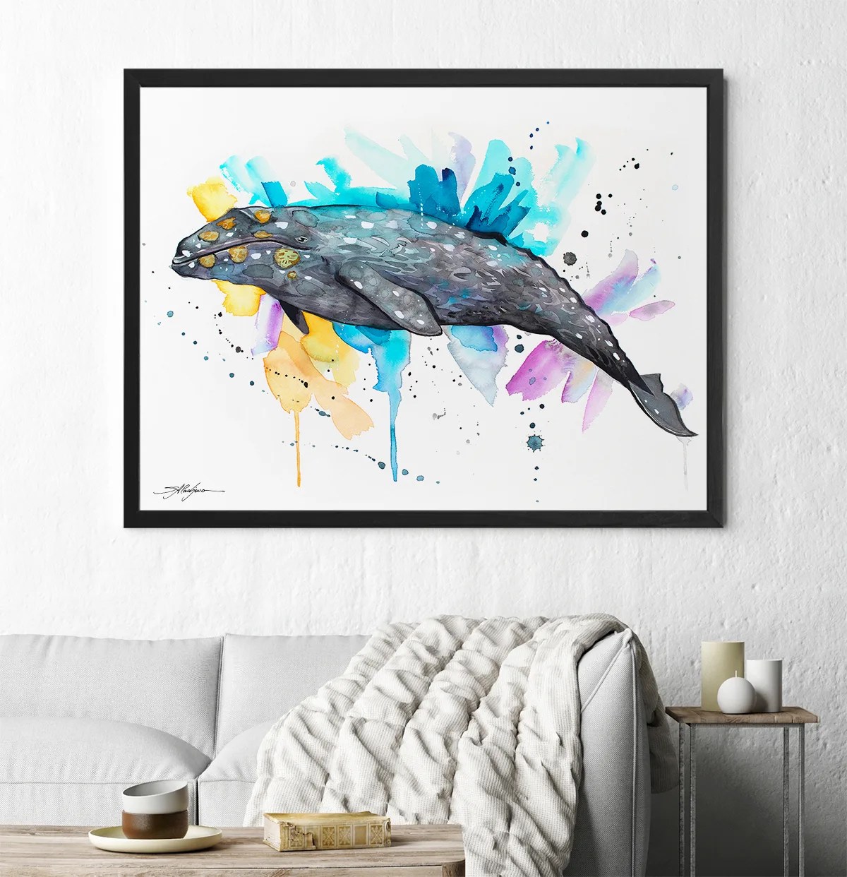 Gray whale watercolor painting print by Slaveika Aladjova, art, animal, illustration, Sea art, sea life art, nautical, ocean art