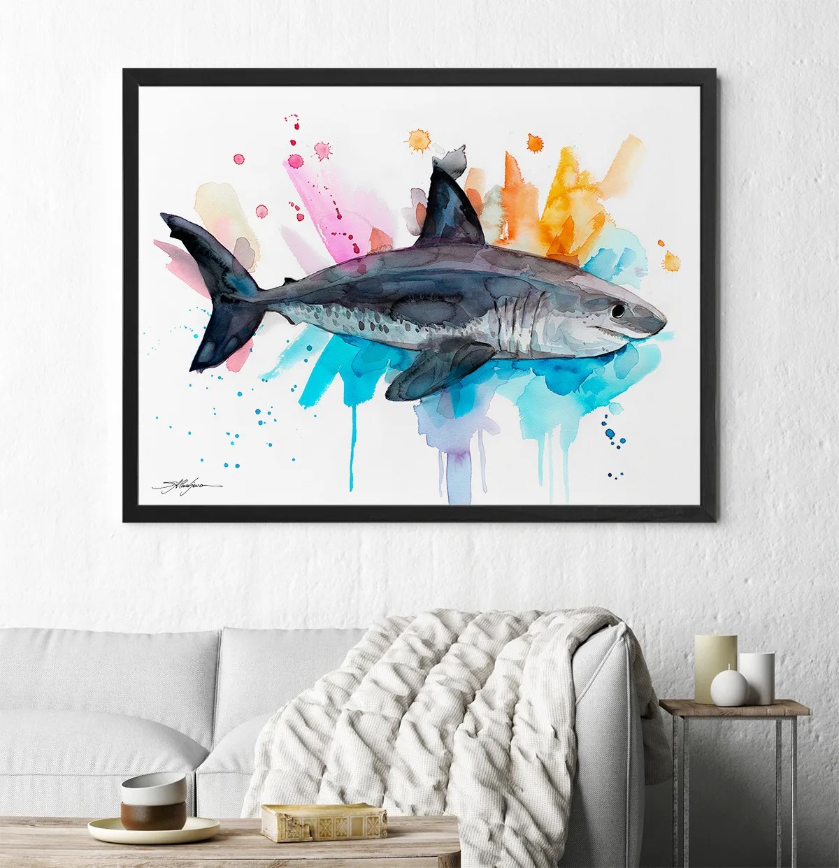 Salmon shark watercolor painting, limited edition art print by Slaveika Aladjova, view 4