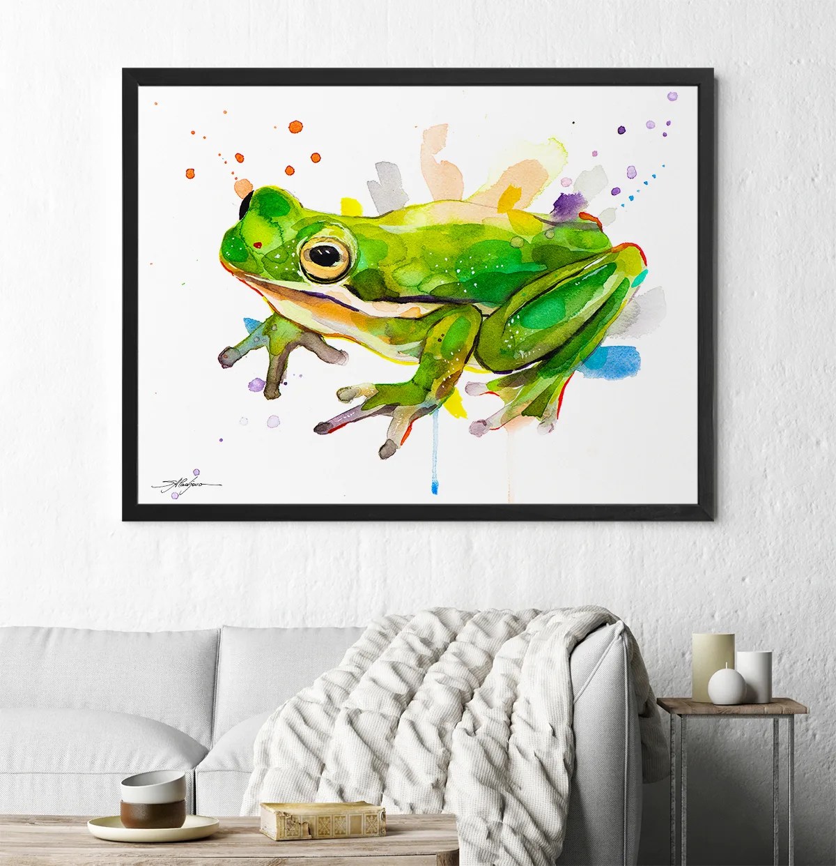 Green tree frog watercolor painting, limited edition art print by Slaveika Aladjova, view 3