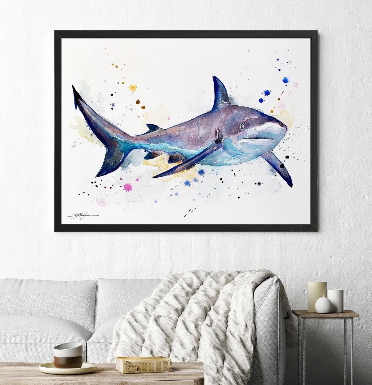 Grey reef shark watercolor painting, limited edition art print by Slaveika Aladjova, view 3