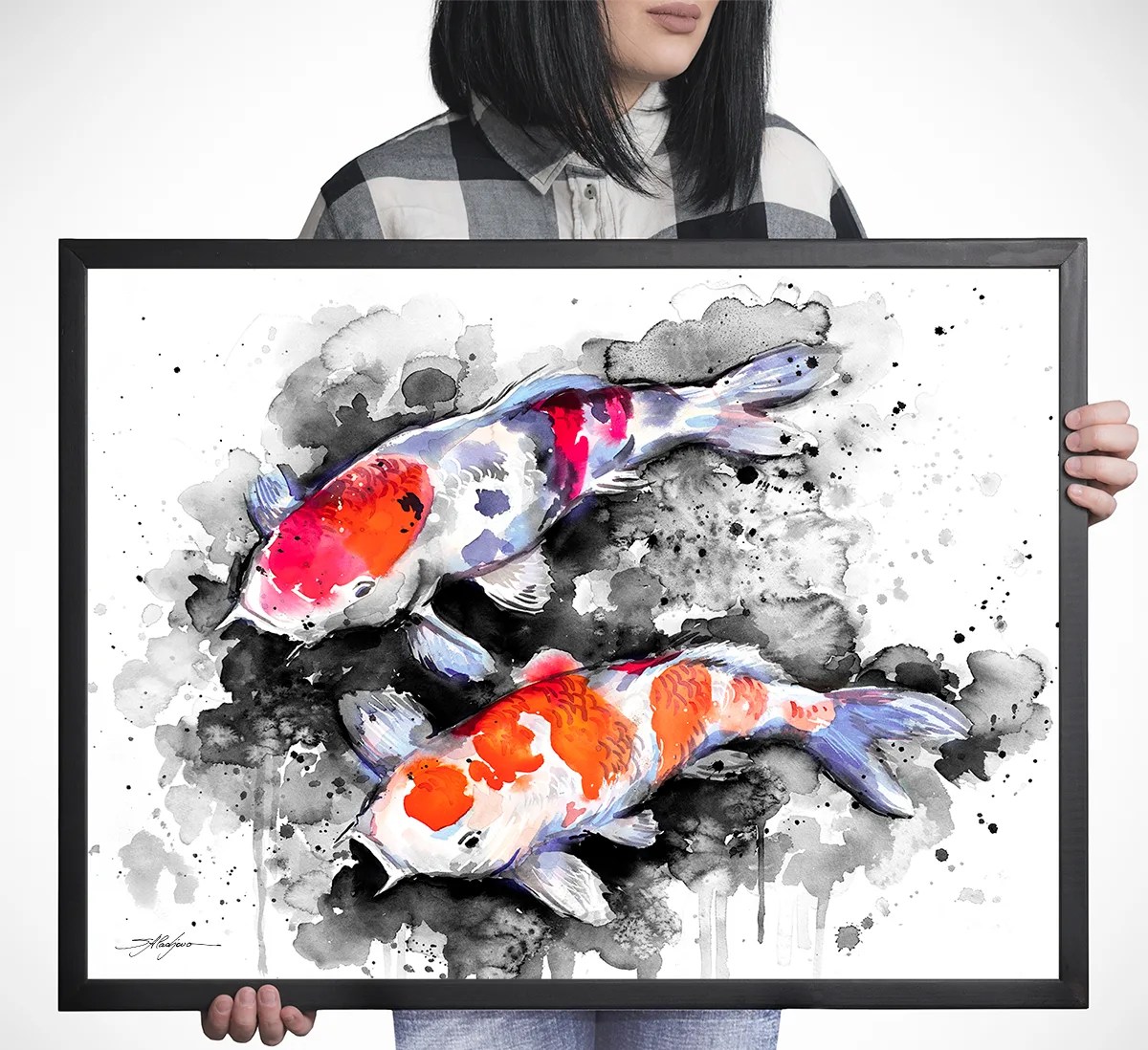 Two red and white koi on black ink, watercolor painting, limited edition art print by Slaveika Aladjova, view 3