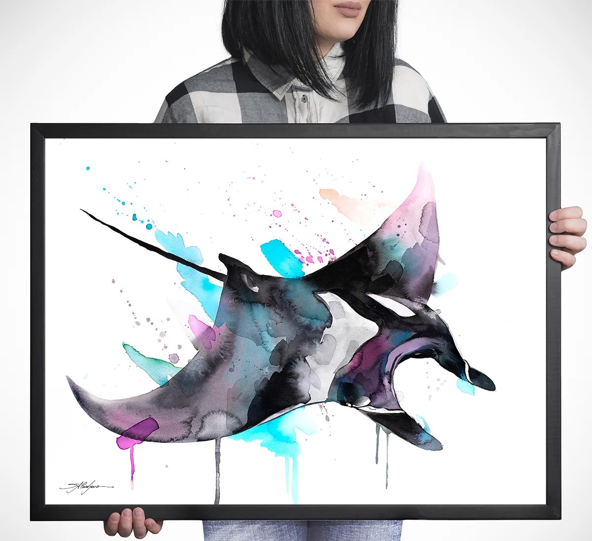Giant Manta Ray, Mobulidae watercolor painting print by Slaveika Aladjova, art, animal, illustration, Sea art, sea life art, home decor,