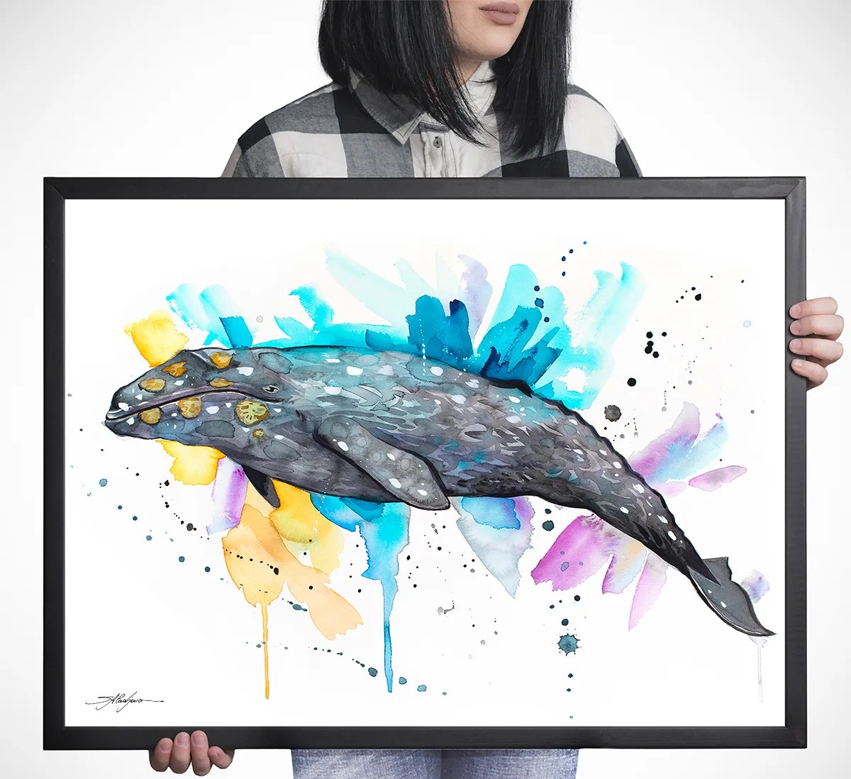 Gray whale watercolor painting print by Slaveika Aladjova, art, animal, illustration, Sea art, sea life art, nautical, ocean art