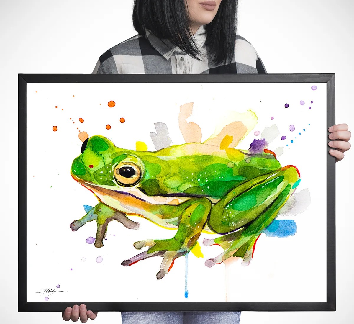 Green tree frog watercolor painting, limited edition art print by Slaveika Aladjova, view 4