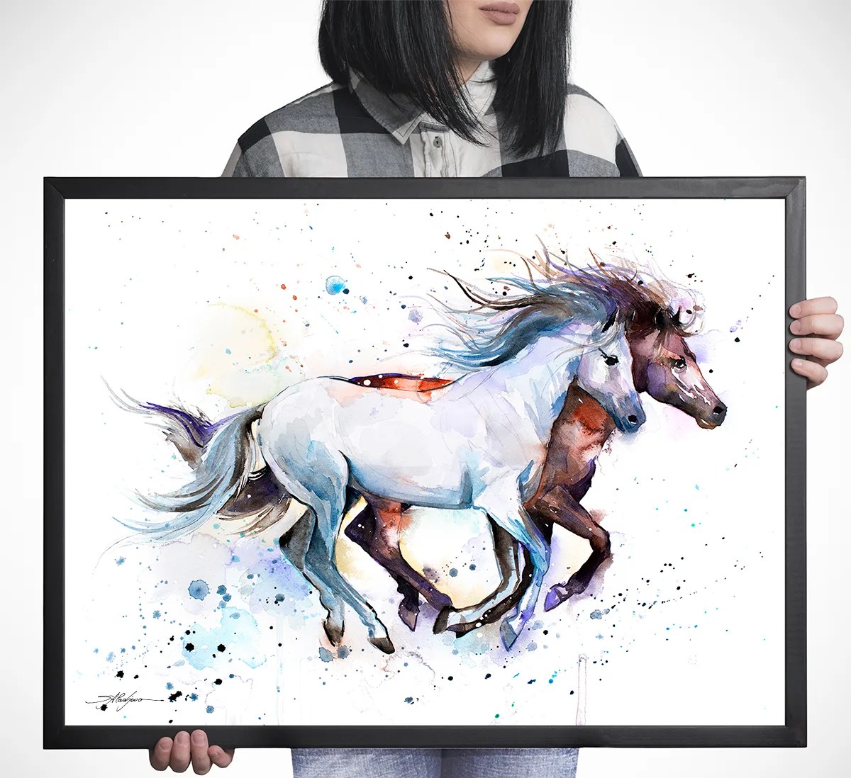 Horses watercolor painting print by Slaveika Aladjova, art,