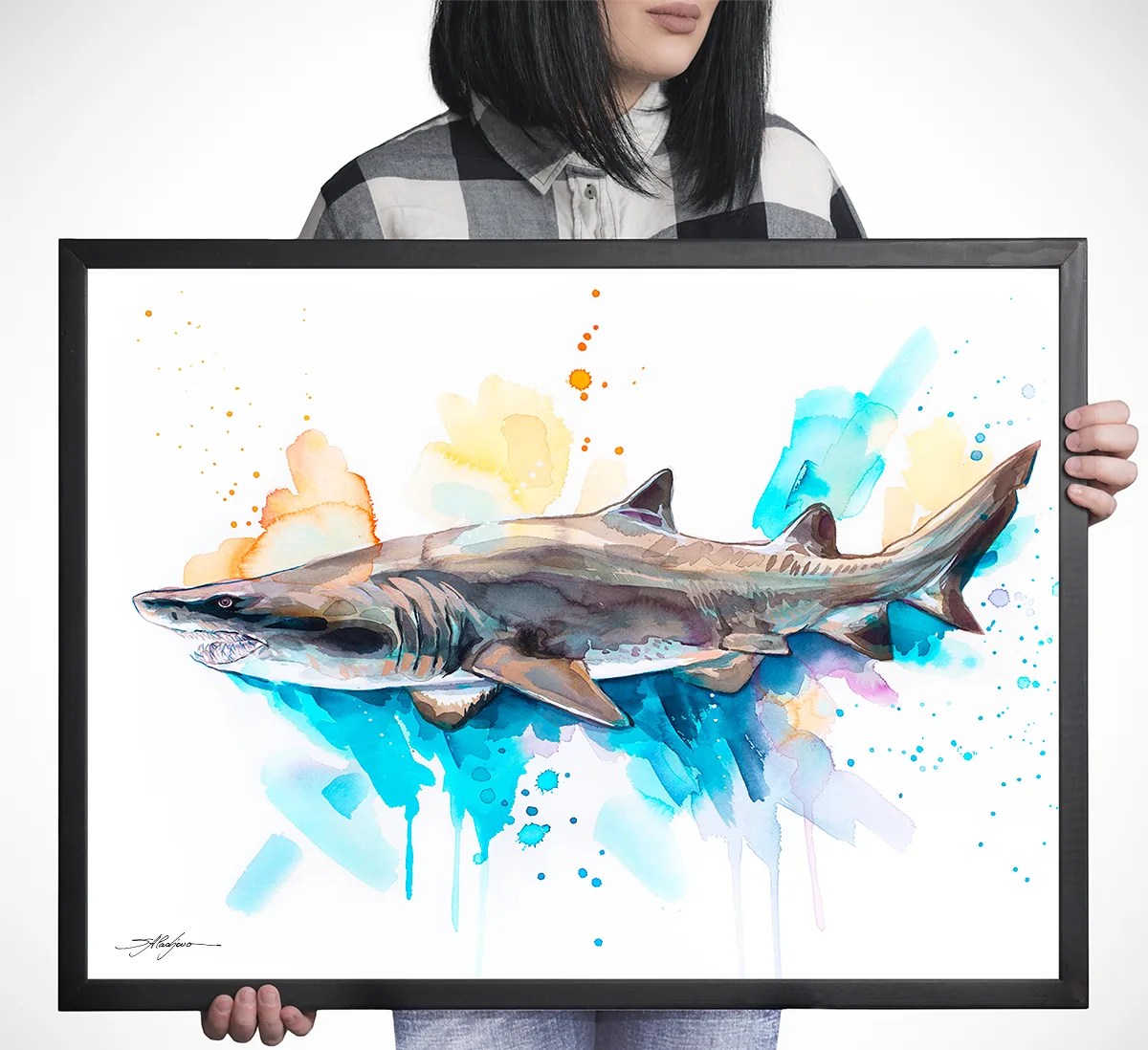 Sand tiger shark watercolor painting, limited edition art print by Slaveika Aladjova, view 4