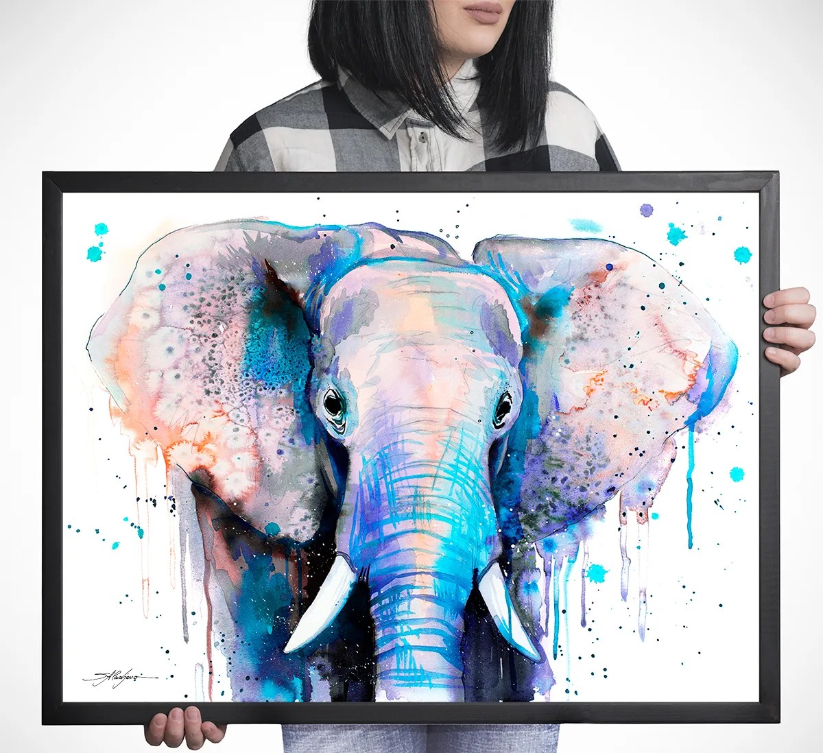 Blue elephant watercolor painting, limited edition art print by Slaveika Aladjova, view 4