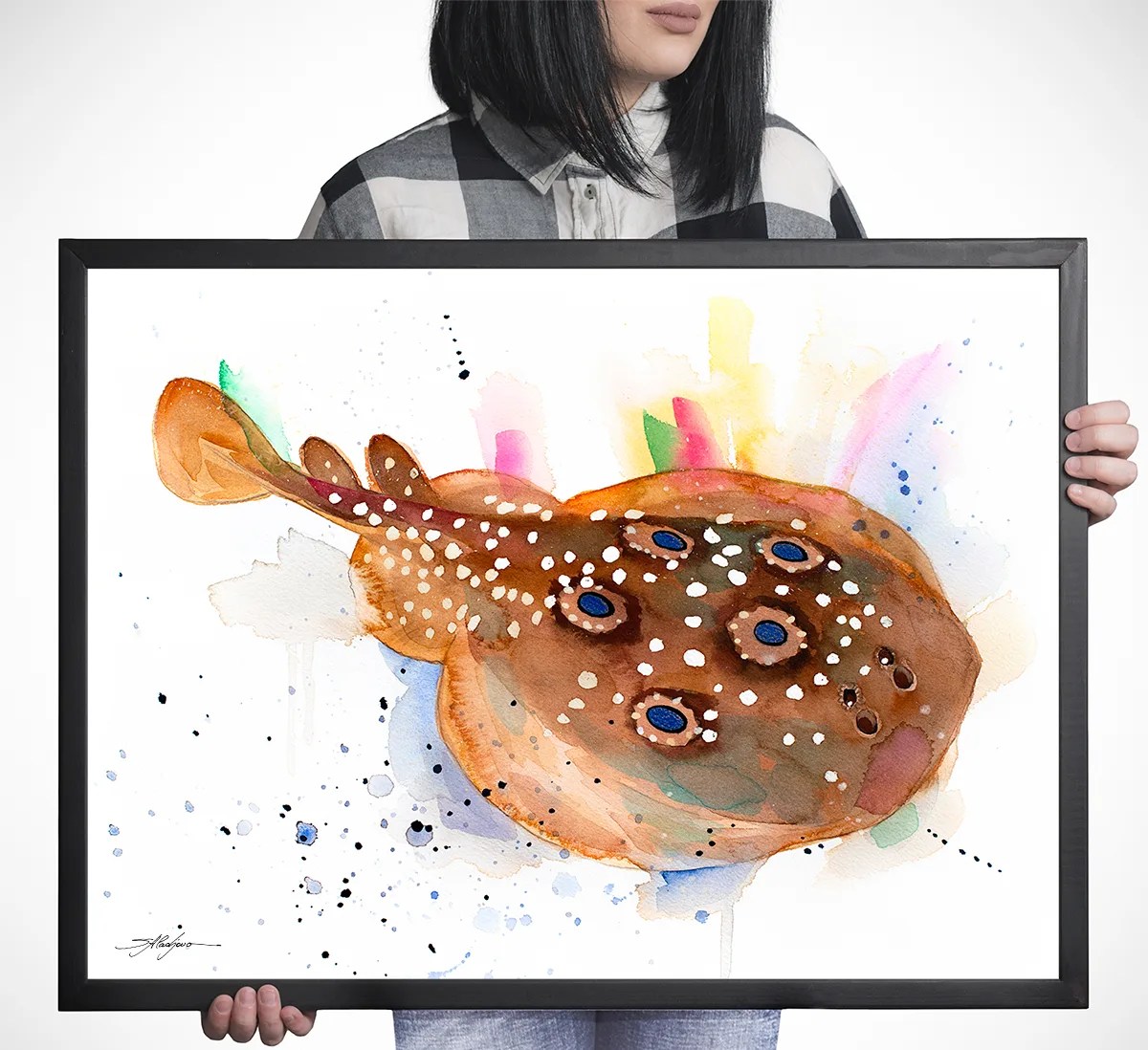 Common torpedo ray, Eyed electric ray watercolor painting print by Slaveika Aladjova, art, animal, illustration, Sea art, sea life art,