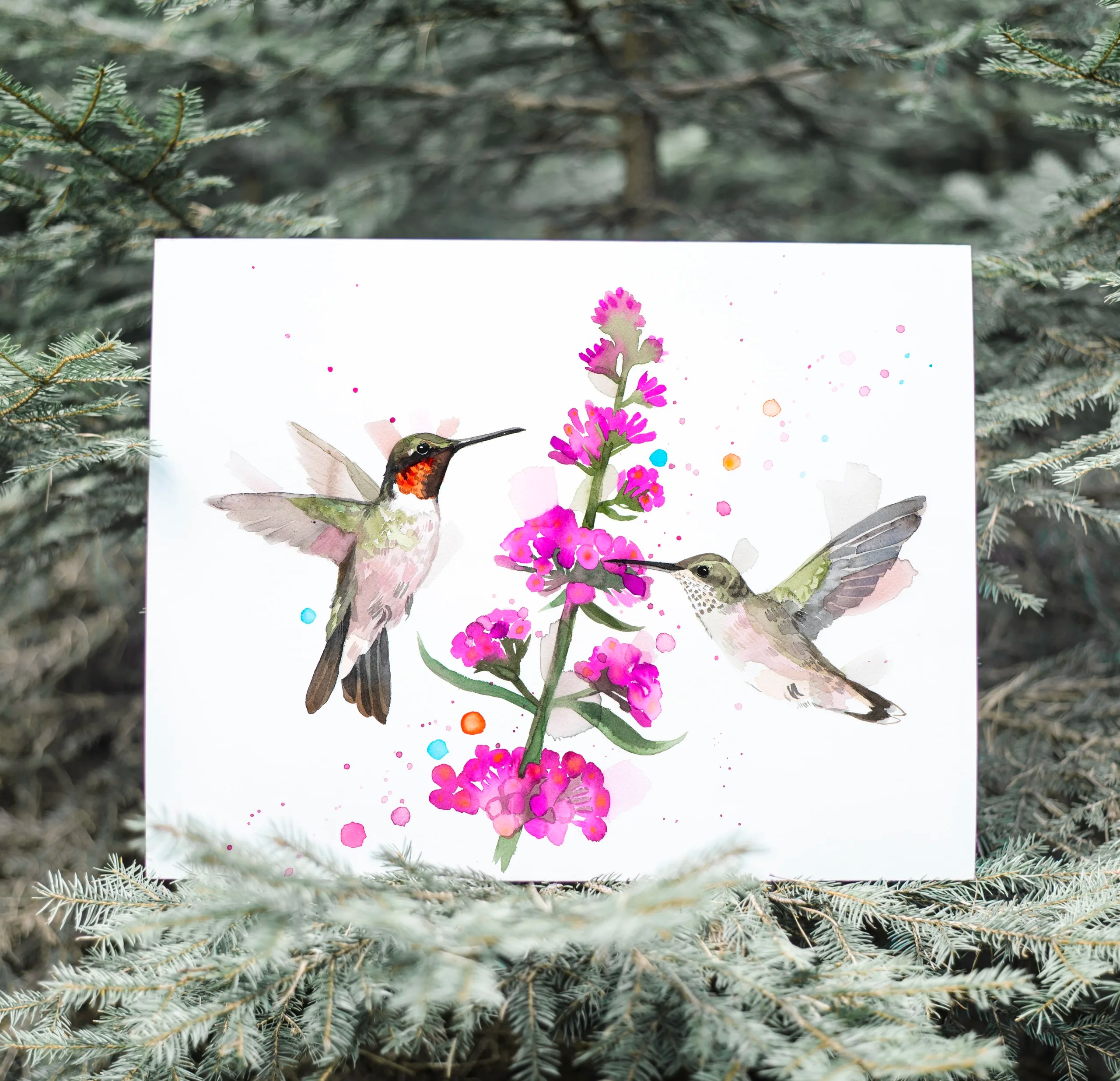 Ruby-Throated Hummingbirds watercolor painting print by Slaveika Aladjova
