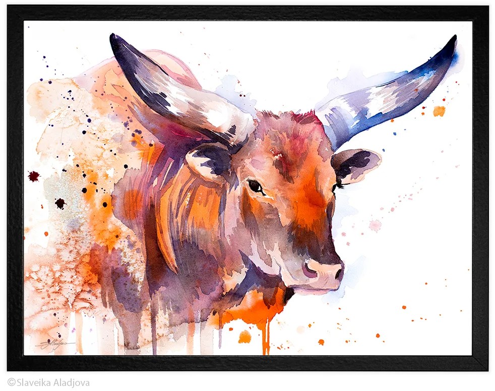 Ankole-Watusi longhorn cattle watercolor painting, limited edition art print by Slaveika Aladjova, view 3