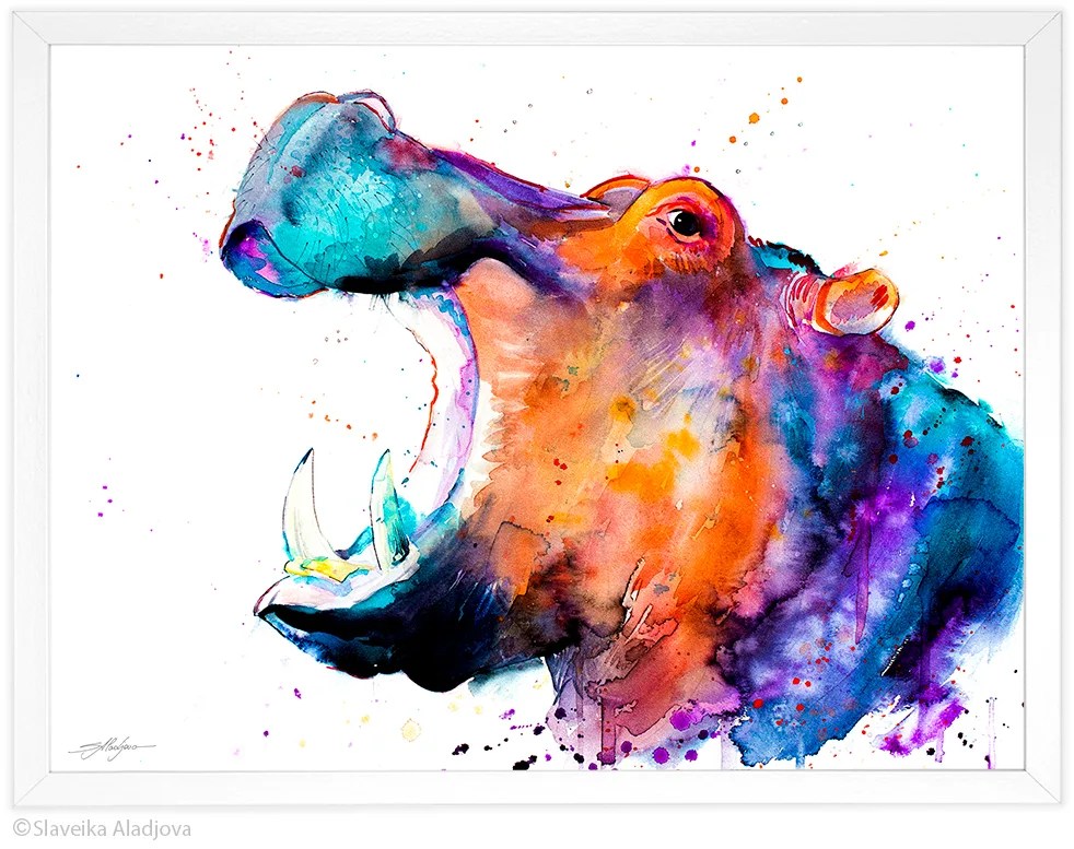 Hippo watercolor painting, limited edition art print by Slaveika Aladjova, view 4