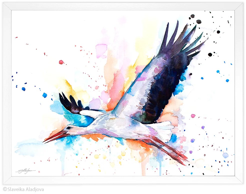 Stork watercolor painting print by Slaveika Aladjova