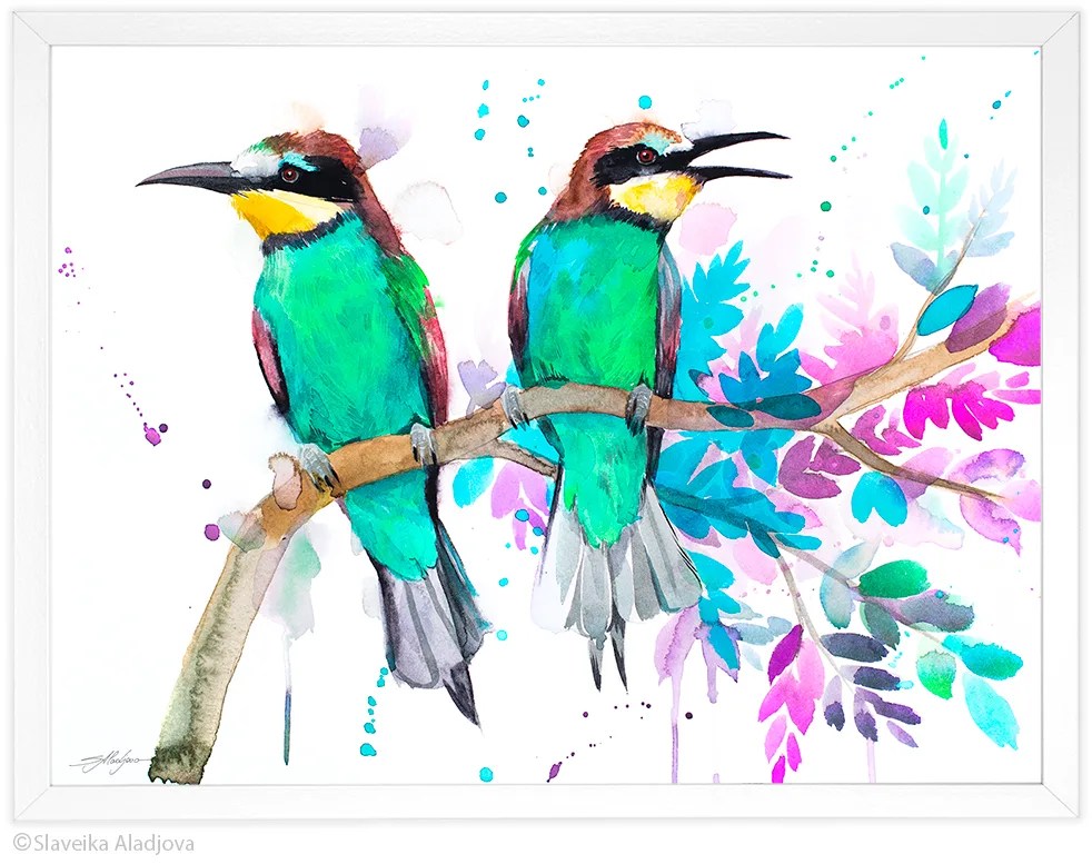 Bee-eater watercolor painting print by Slaveika Aladjova, art, animal, illustration, bird,