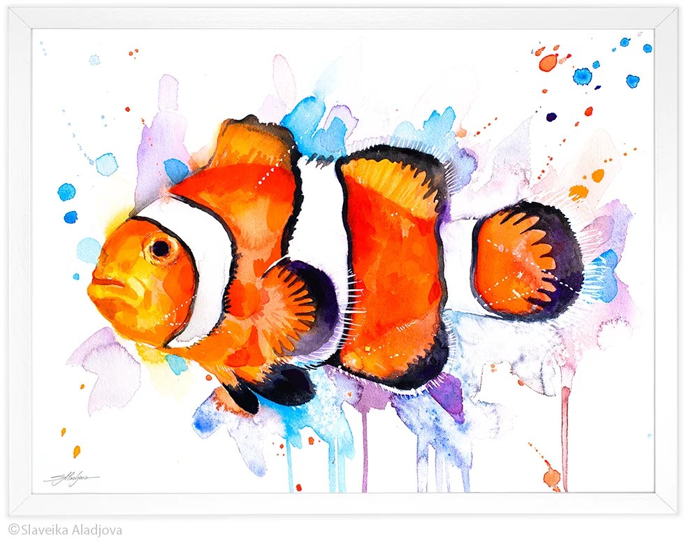 Clownfish watercolor painting, limited edition art print by Slaveika Aladjova, view 3