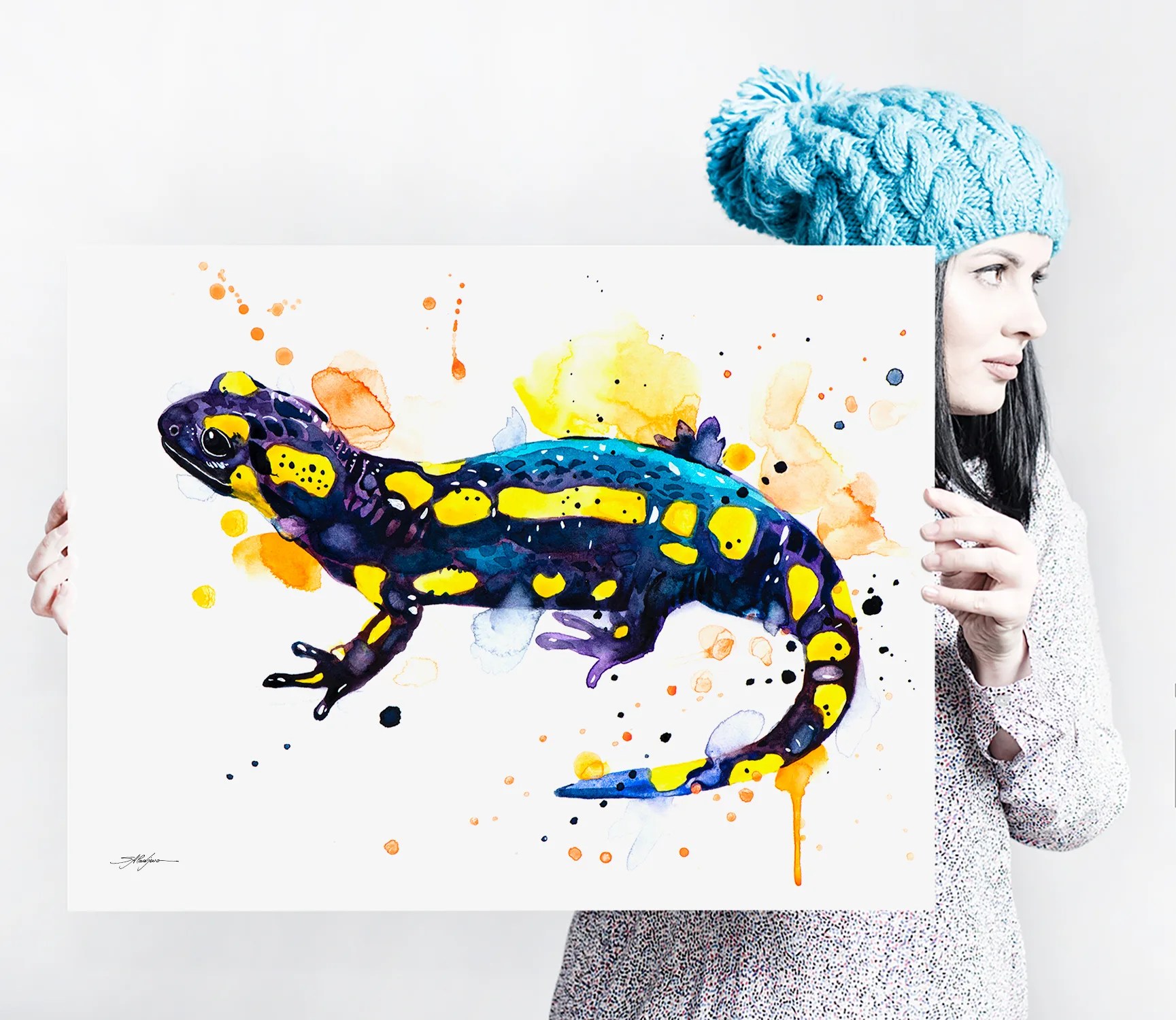 Fire salamander watercolor painting print by Slaveika Aladjova, animal, illustration, home decor, wall art, gift, portrait, vertebrates
