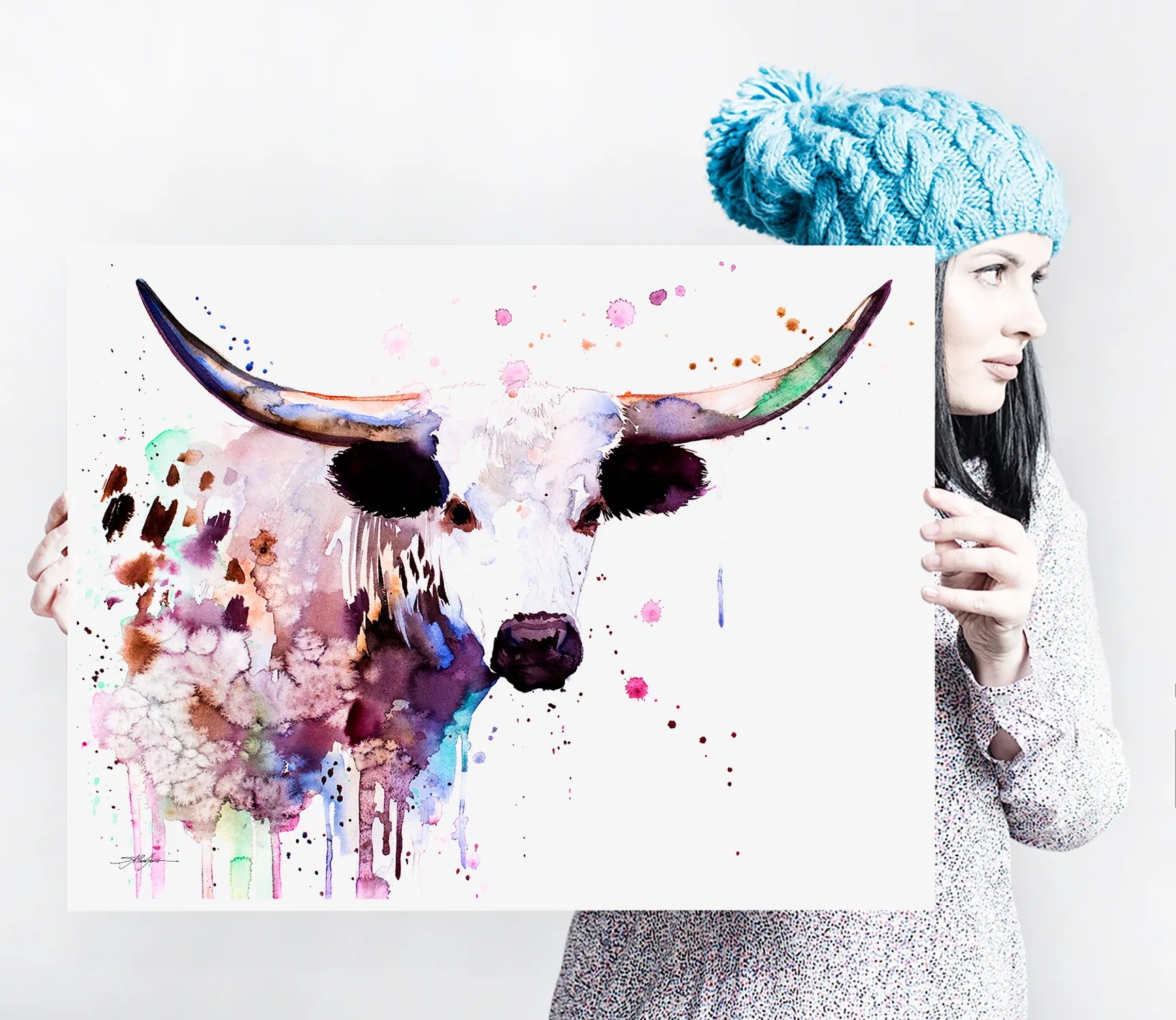 Texas longhorn watercolor painting, limited edition art print by Slaveika Aladjova, view 3
