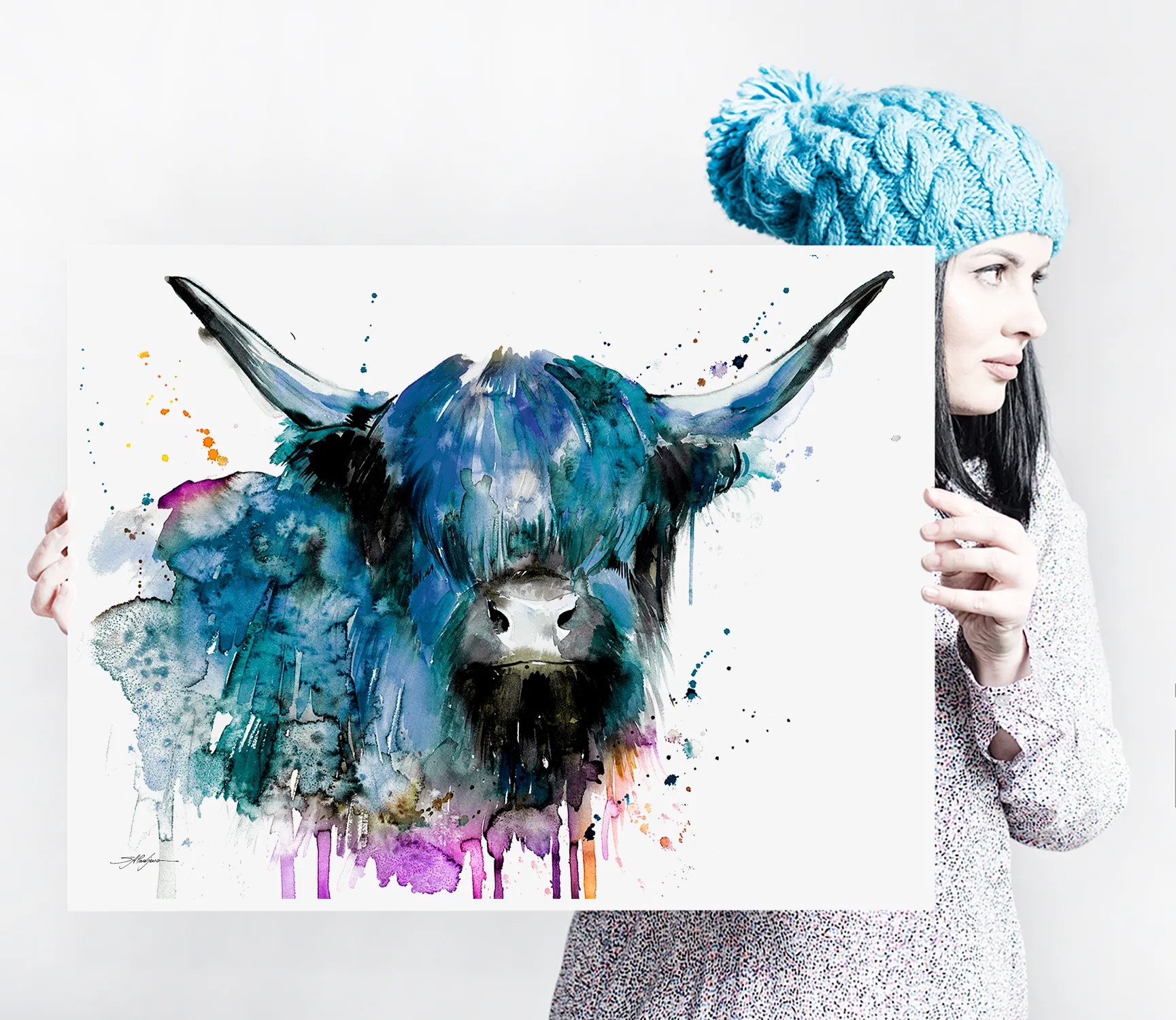 Black Highland cow watercolor painting, limited edition art print by Slaveika Aladjova, view 4