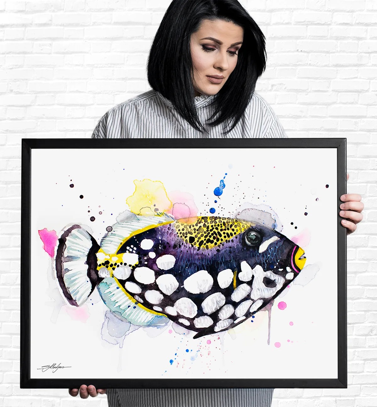 Clown triggerfish watercolor painting, limited edition art print by Slaveika Aladjova, view 3