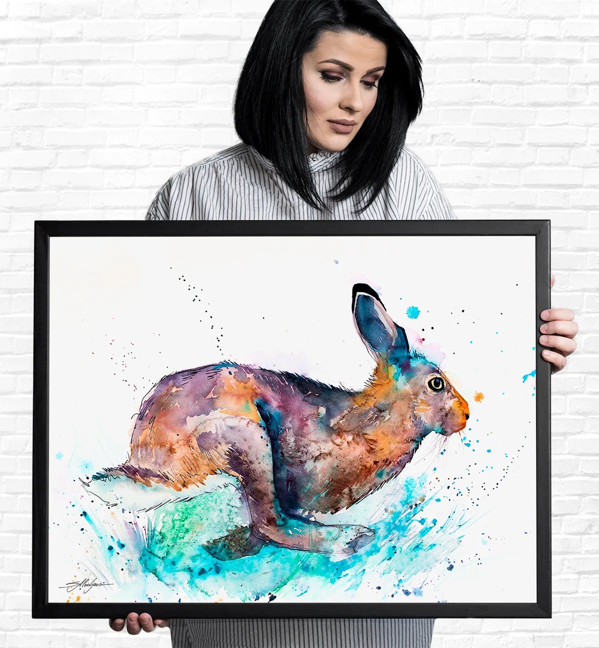 Running brown hare watercolor painting, limited edition art print by Slaveika Aladjova, view 4