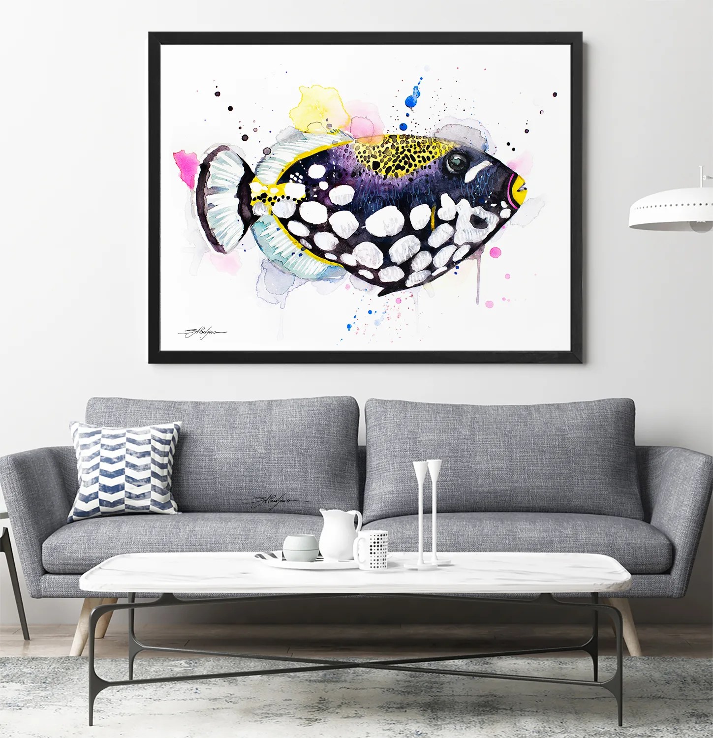 Clown triggerfish watercolor painting, limited edition art print by Slaveika Aladjova, view 4
