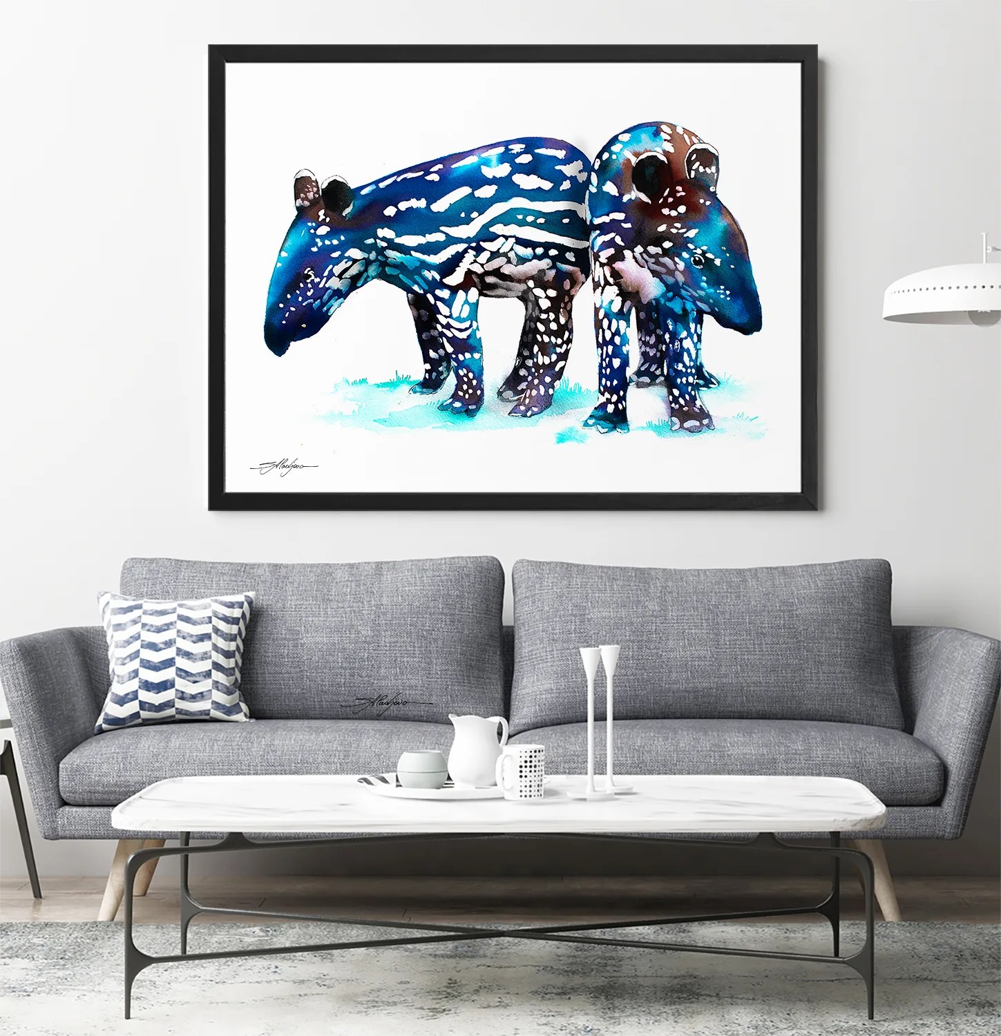 Baby tapirs watercolor painting print by Slaveika Aladjova, art, animal, illustration, home decor, wall art, gift, portrait, Contemporary