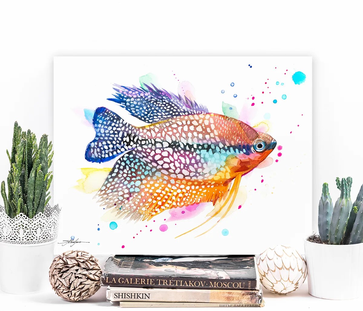 Pearl gourami watercolor painting, limited edition art print by Slaveika Aladjova, view 3