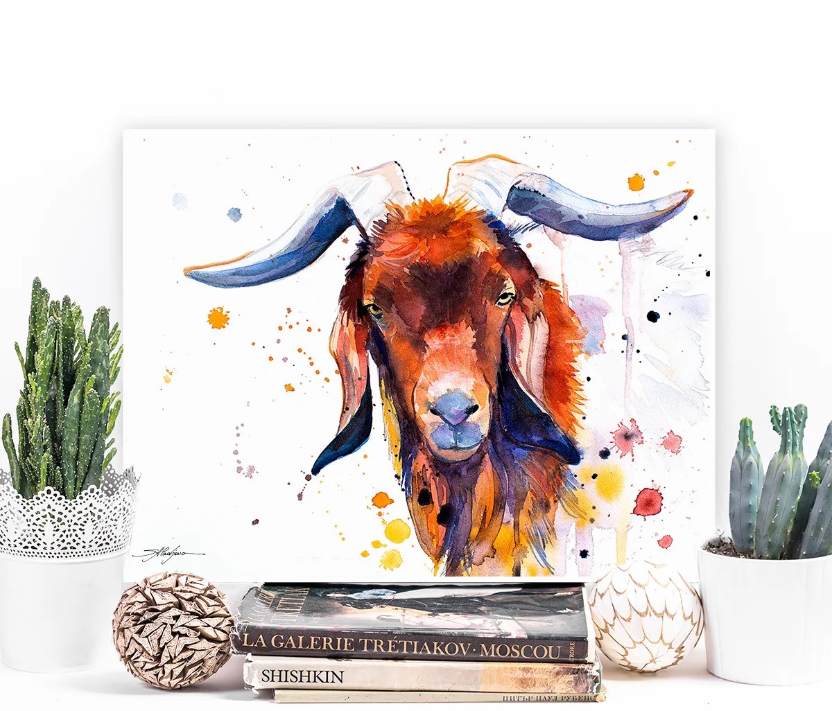 Red goat watercolor painting, limited edition art print by Slaveika Aladjova, view 3