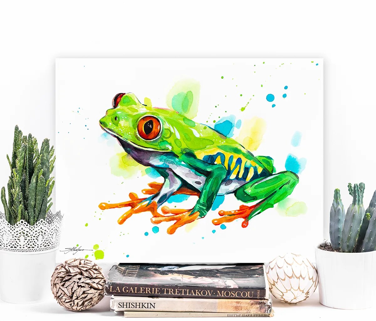 Red-eyed tree frog watercolor painting, limited edition art print by Slaveika Aladjova, view 3