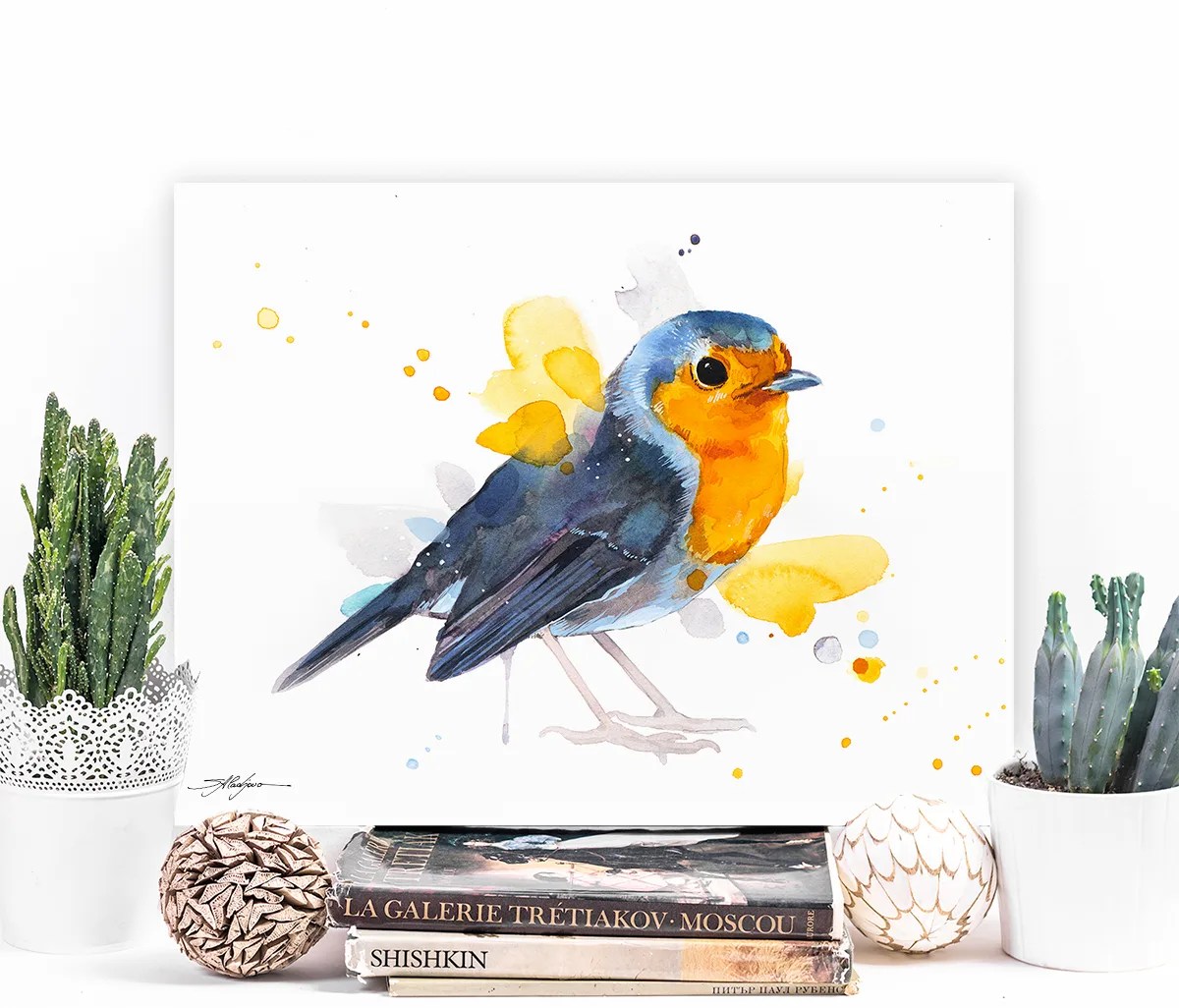 European robin watercolor painting print by Slaveika Aladjova, animal art, illustration, bird, home decor, wall art, portrait, boho poster